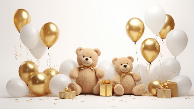 Photorealistic teddy bear with birthday balloons