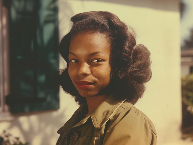 Фотореалистичная чернокожая женщина-подросток с каштановыми прямыми волосами, винтажная иллюстрация