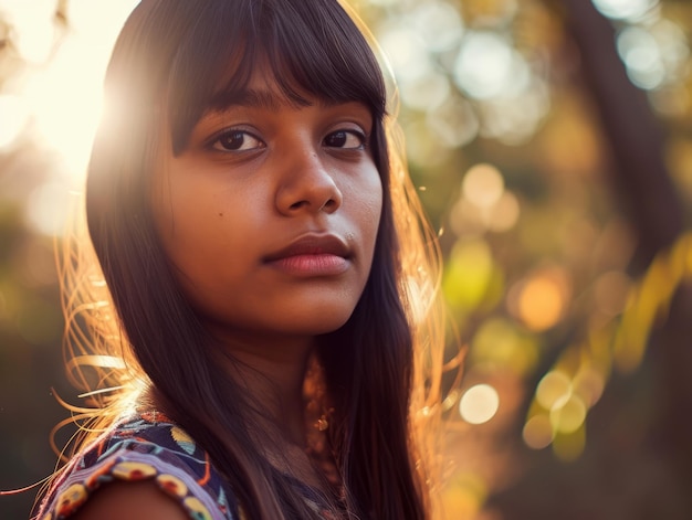 茶色のストレートの髪のヴィンテージのイラストを持つ写実的な十代のインド人女性