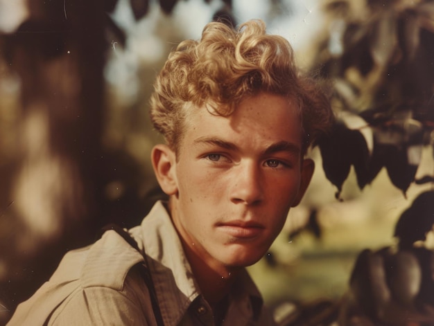 Foto uomo bianco teenager fotorealistico con l'illustrazione d'annata dei capelli ricci biondi