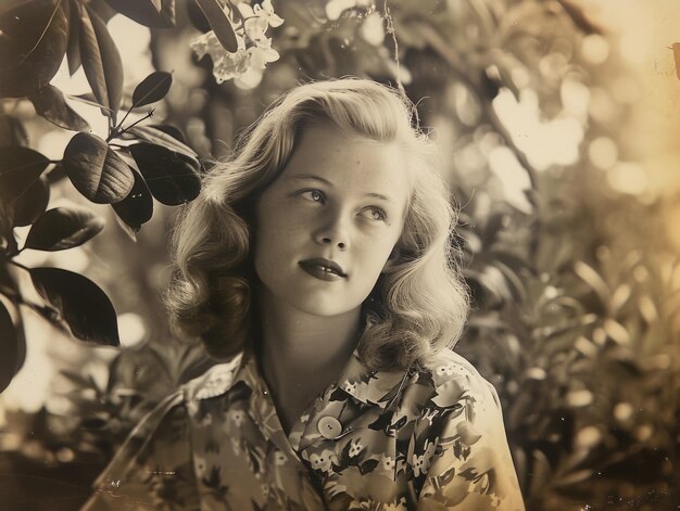 Фотореалистичная белая женщина-подросток со светлыми прямыми волосами, винтажная иллюстрация