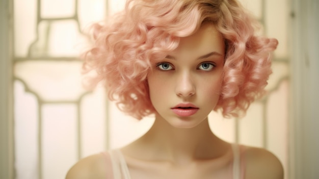 Photorealistic Teen White Woman with Pink Curly Hair retro Illustration