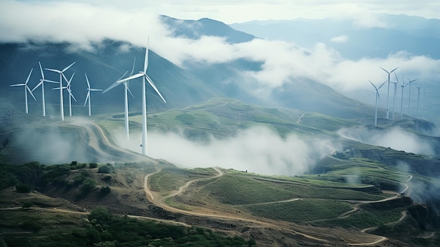 Photorealistic Vietnamese Wind Turbines on Mountaintop with Fog