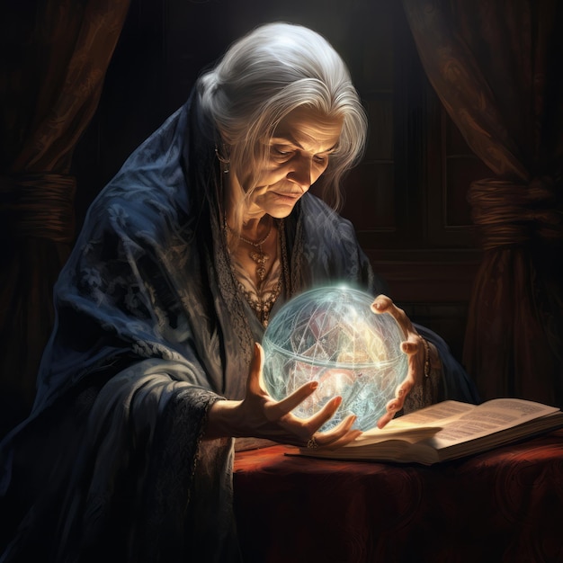 Photo the photorealistic visions of old madam eva unlocking the mysterious future in dungeon's dragons