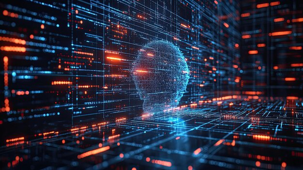 a photorealistic visualization of a machine learning algorithm at work with cascading lines of code and data points forming patterns and clusters representing the continuous learning process