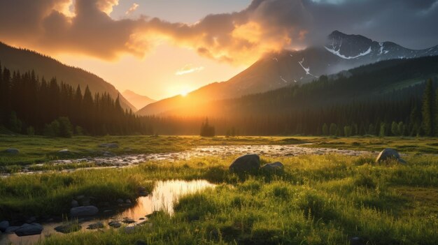 Photorealistic wilderness landscape at golden hour