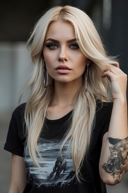 Photorealisticphoto of a metalcore girl one tattoo on arm metalcore black tshirt silver blonde