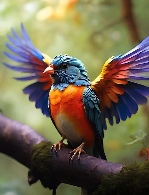 photos of a colorful bird sitting on a branch in the forest photos of another angel AIgenerated