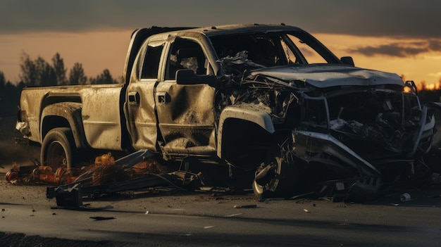 高速道路での事故の後に損傷した車の写真