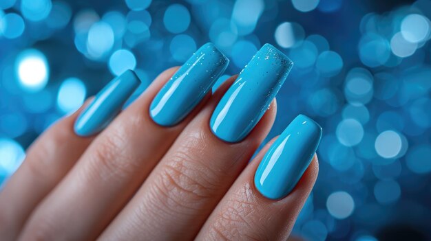 Photo photos of the design of blue nails on the hands advertising the color of the nails