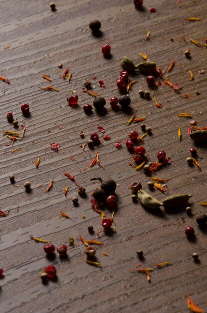 photos of dry spices in small dark table