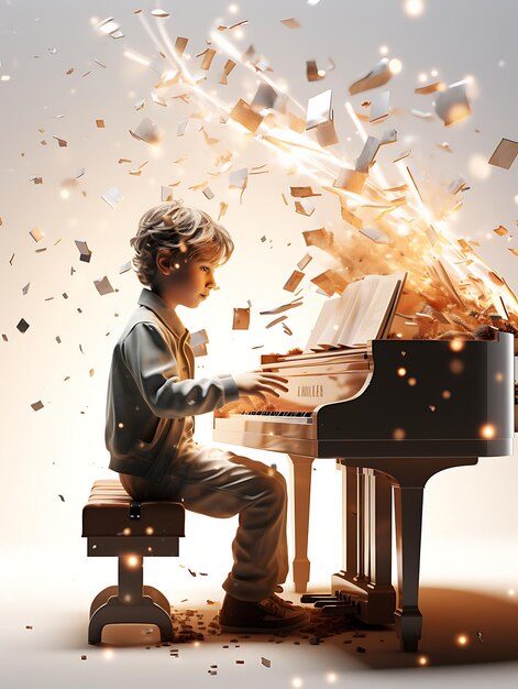 VR プロジェクションを使用してピアノを弾く子供の将来のシーンを含む 3D レンダリングの写真撮影