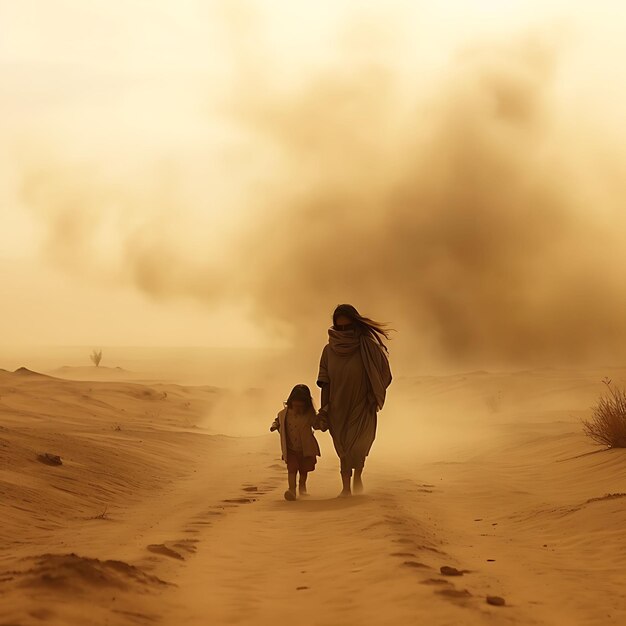 Photoshoot of the dusty road mother and child walking along a road covered palestine war concept