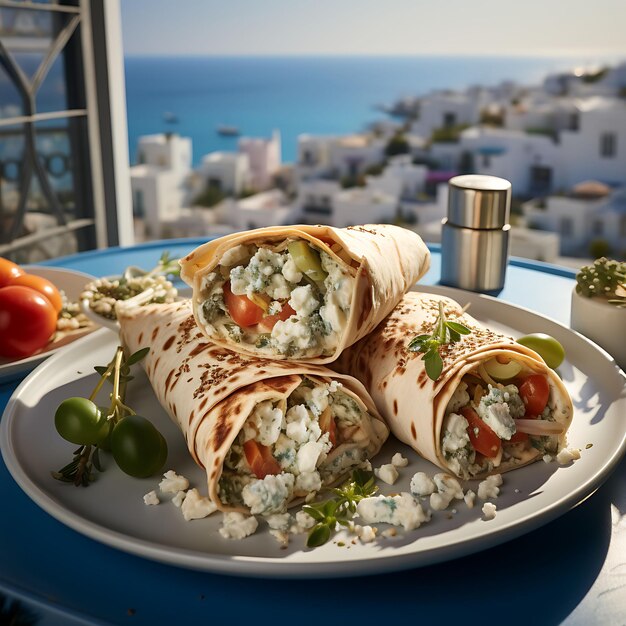 Photoshoot of gyro wrap with santorini inspired blue and white decorations topview poster festival