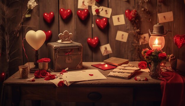 Photoshoot of handwritten love letters and vintage valentine's day cards spread out on a table