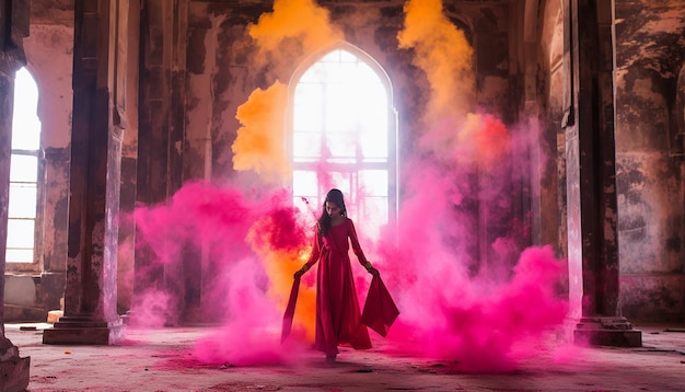 Photo a photoshoot of a holi celebration in an old fort