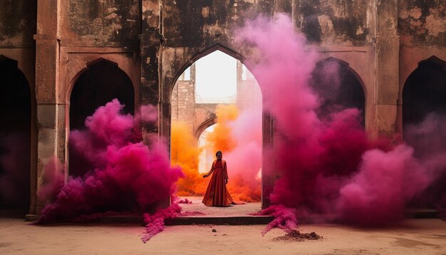 Photo a photoshoot of a holi celebration in an old fort