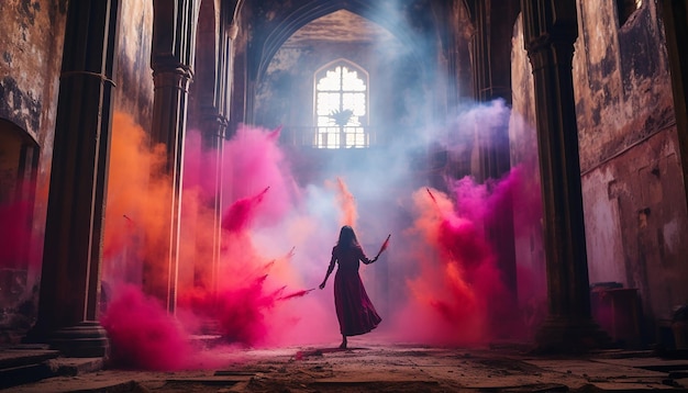 Photo a photoshoot of a holi celebration in an old fort