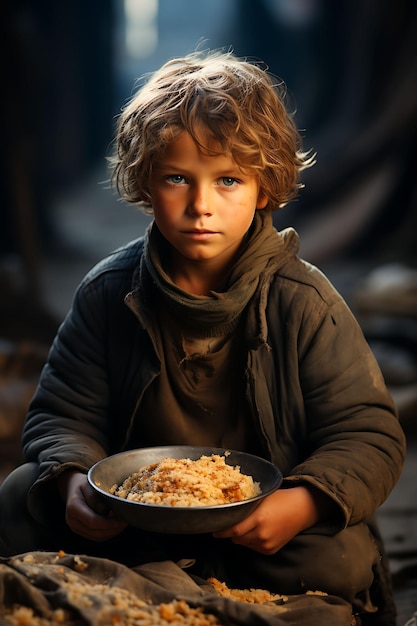 Photo photoshoot of a meal of desperation palestinian child clutching a meager p palestine war concept