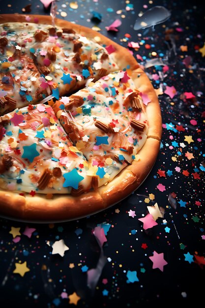 Photoshoot of pizza with confetti and streamers vibrant and multicolored c topview poster festival