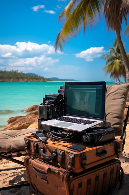 Photoshoot of remote working at a beach embracing nomad visa remote job travel creative desig