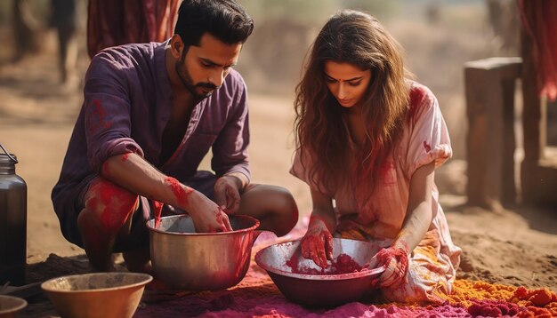 a photoshoot in a rural setting capturing the traditional ways of celebrating Holi in the countrysi