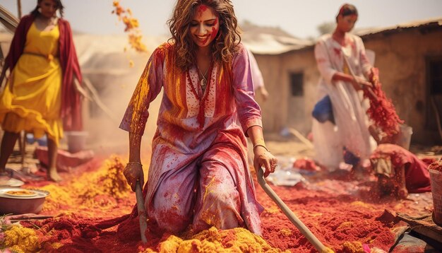 Photo a photoshoot in a rural setting capturing the traditional ways of celebrating holi in the countrysi