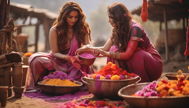 a photoshoot in a rural setting capturing the traditional ways of celebrating Holi in the countrysi