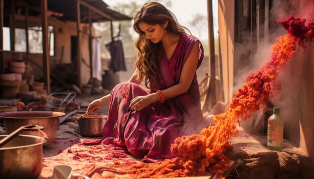 a photoshoot in a rural setting capturing the traditional ways of celebrating Holi in the countrysi