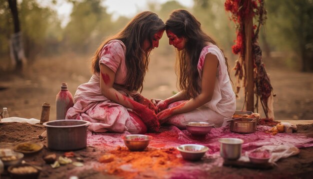 Photo a photoshoot in a rural setting capturing the traditional ways of celebrating holi in the countrysi