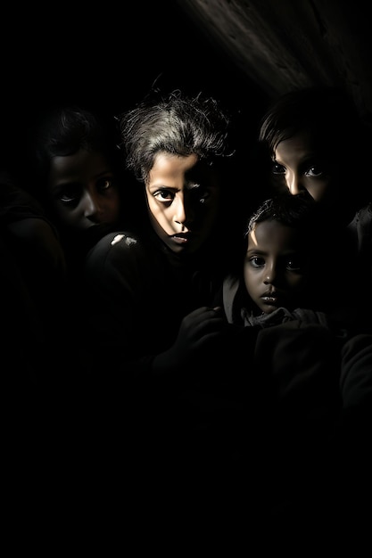 Photoshoot of Shadows of Hunger Arab Children Huddled Together in a Dimly Palestine War Concept