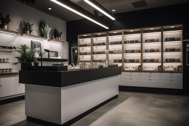 Photoshoot of sleek and streamlined cannabis dispensary with minimalistic design elements