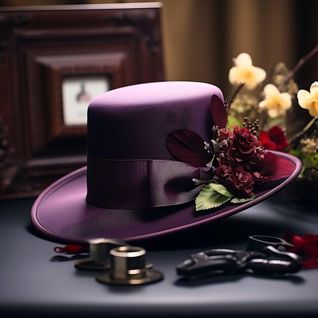 Photoshoot of Vintage Milliner Card Fashion Plum Ribbon Border Parc Ideas Concept with Decorations