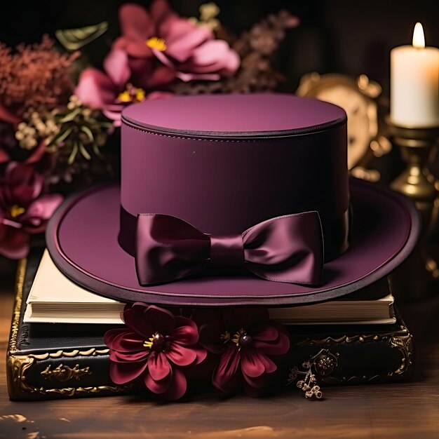 Photoshoot of Vintage Milliner Card Fashion Plum Ribbon Border Parc Ideas Concept with Decorations