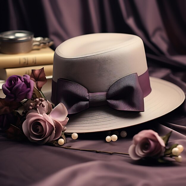 Photoshoot of Vintage Milliner Card Fashion Plum Ribbon Border Parc Ideas Concept with Decorations