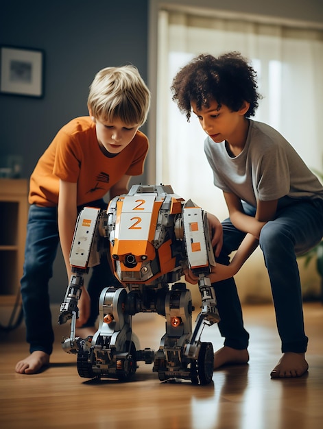 Photo photoshoot with tilt shift style of children playing with a robot frien