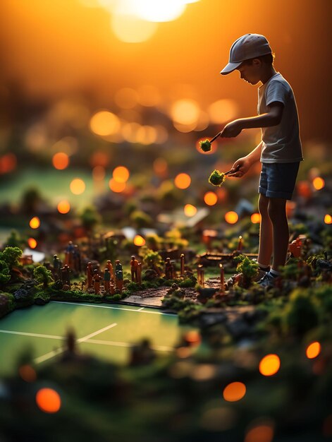 Photoshoot with tilt shift style of a kid playing virtual tennis throug