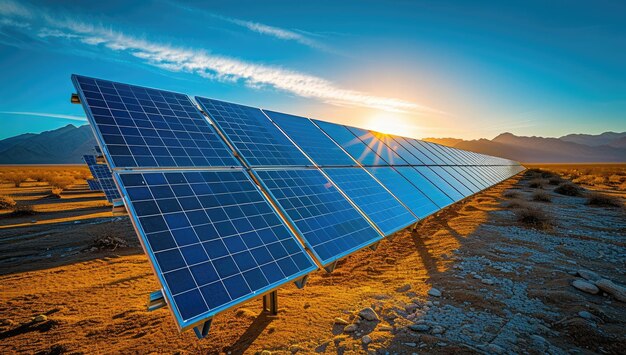 혁신을 위한 태양광 패널, 일몰을 배경으로 한 생명을 위한 녹색 에너지