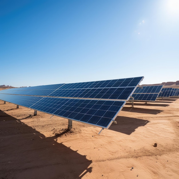 Photovoltaic panels installed outdoors under blue sky in desert