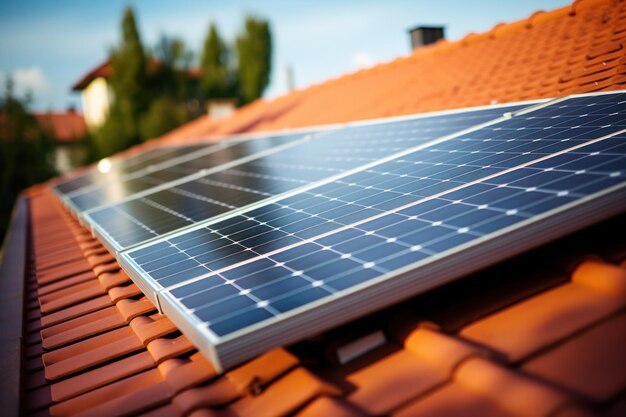 Photovoltaic panels on the roof roof of solar panels view of solar panels solar cell in the roof house with sunlight