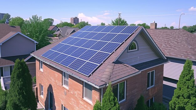 Photo photovoltaic panels on the roof view of solar panels solar cell in the roof house with sunlight