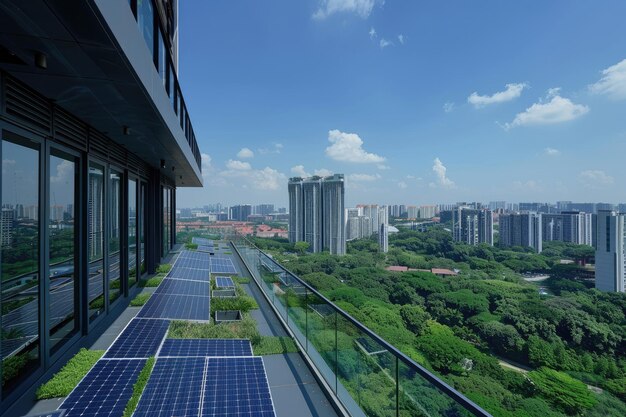 Photo photovoltaic panels or solar panels on the roof of an apartment building in a tropical climate with