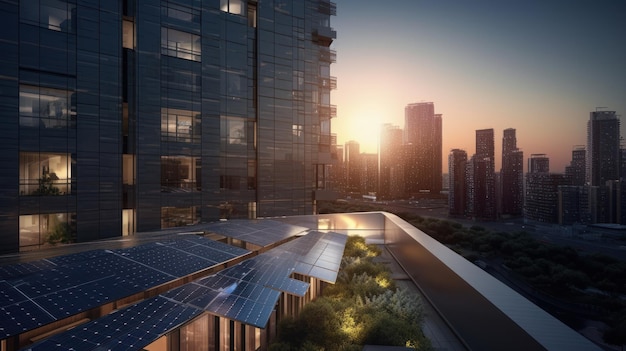 Photovoltaic panels on sunset front of the big city Generative AI