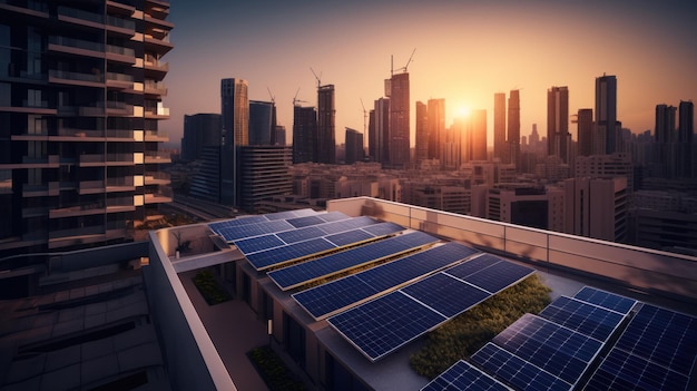 Foto pannelli fotovoltaici sul tramonto davanti alla grande città generative ai