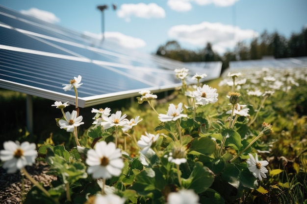 Photovoltaic panels and white flowers in the meadow Wild flowers in front of solar panels on a field AI Generated