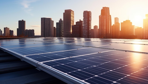 photovoltaic solar panels in front of city