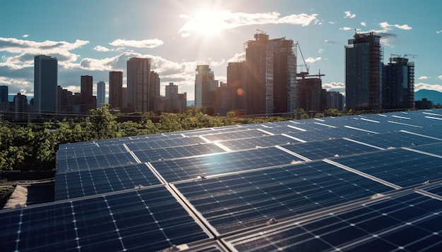 photovoltaic solar panels in front of city