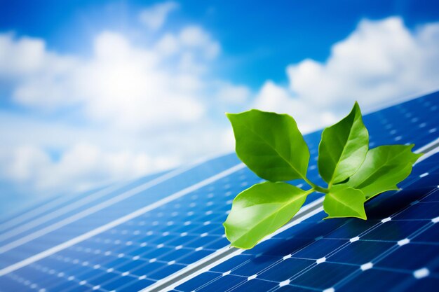 Photo photovoltaic solar panels with green leaves in the foreground and the blue sky with white clouds in the background