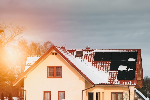 Photovoltaics installed on the roof of a house Passive house concept Sustainable future solar energy