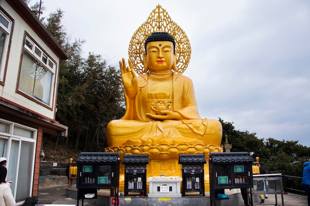 2023 年 2 月 18 日、韓国の済州島で西帰浦市の山房寺で祝福の聖なる願いの謎を祈る韓国人旅行者のための Phra Si Ariya Mettrai 仏像旅行を訪問します。